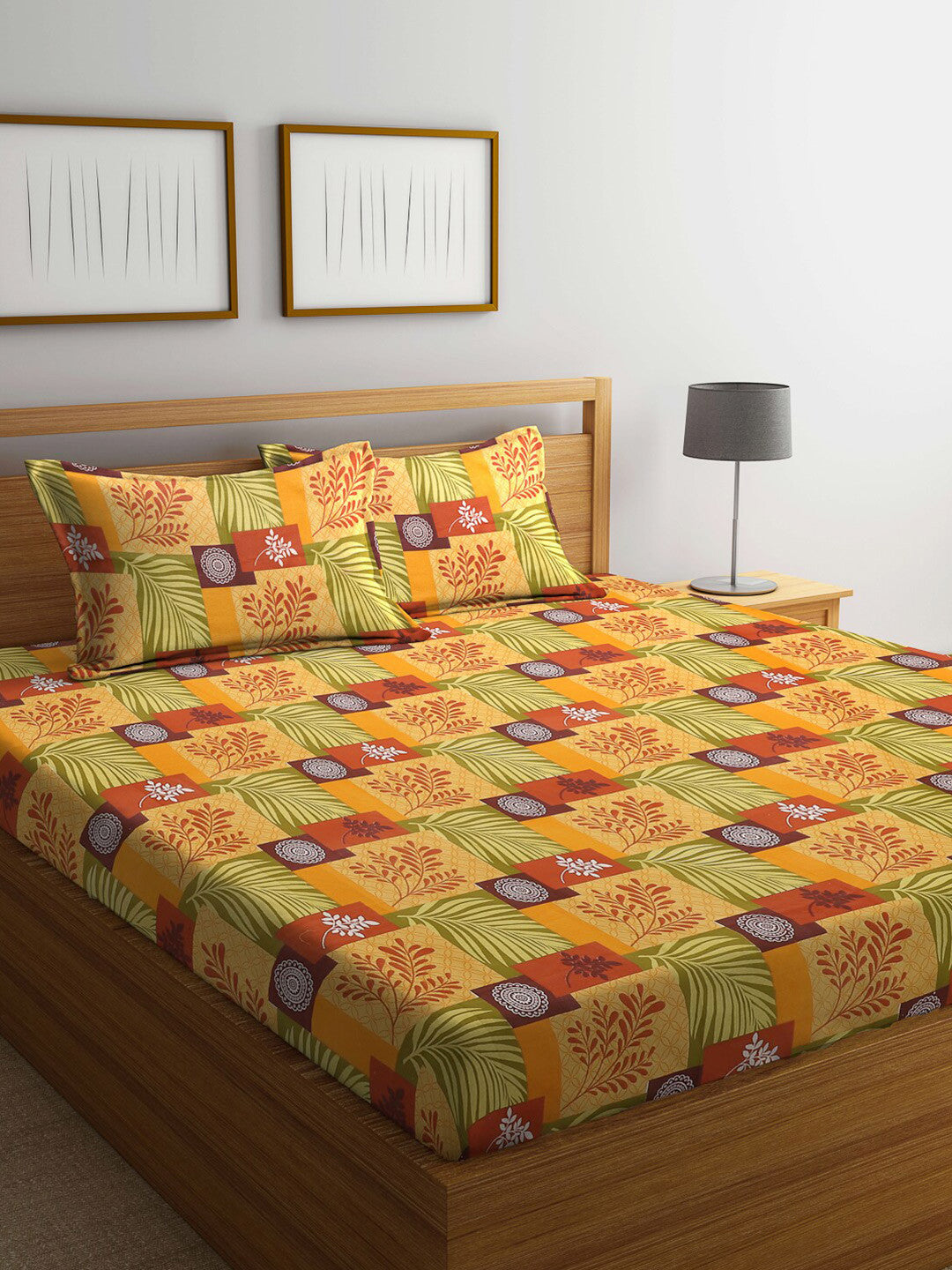 Yellow leaf cotton queen bedsheet, yellow & brown
