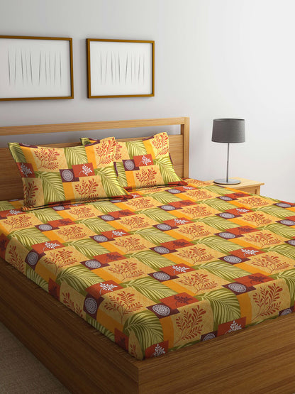Yellow leaf cotton queen bedsheet, yellow & brown