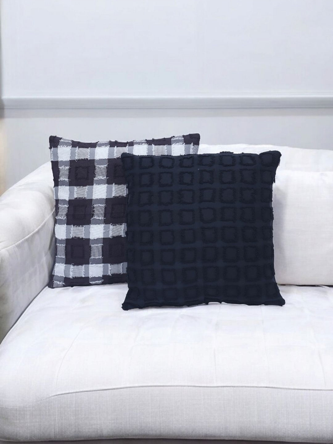 Black checked cotton blend textured square cushion covers, set of 2, black & white