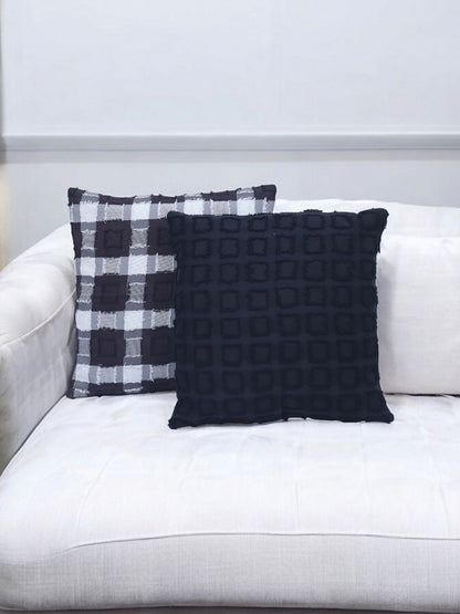 Black checked cotton blend textured square cushion covers, set of 2, black & white