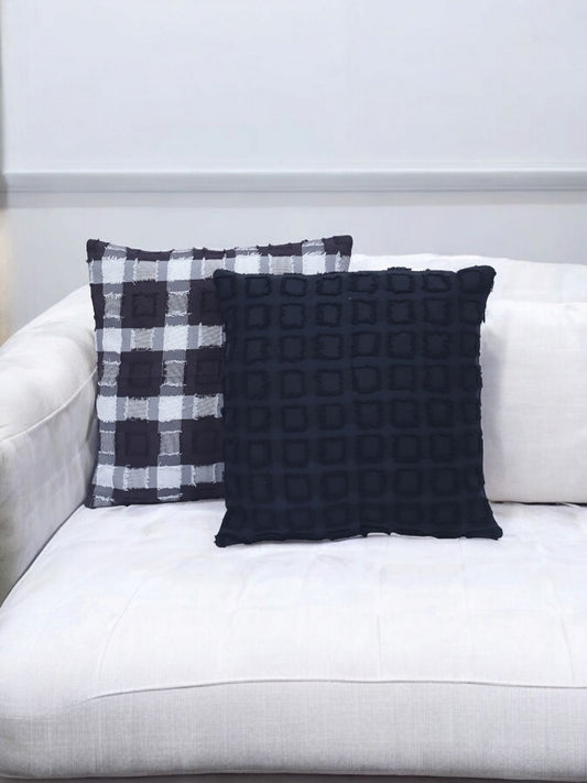 Black checked cotton blend textured square cushion covers, set of 2, black & white