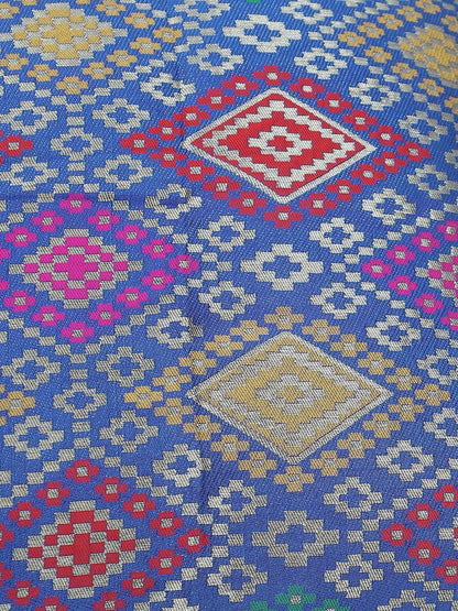 Blue & green geometric pattern silk square cushion covers, set of 4, blue & green & pink