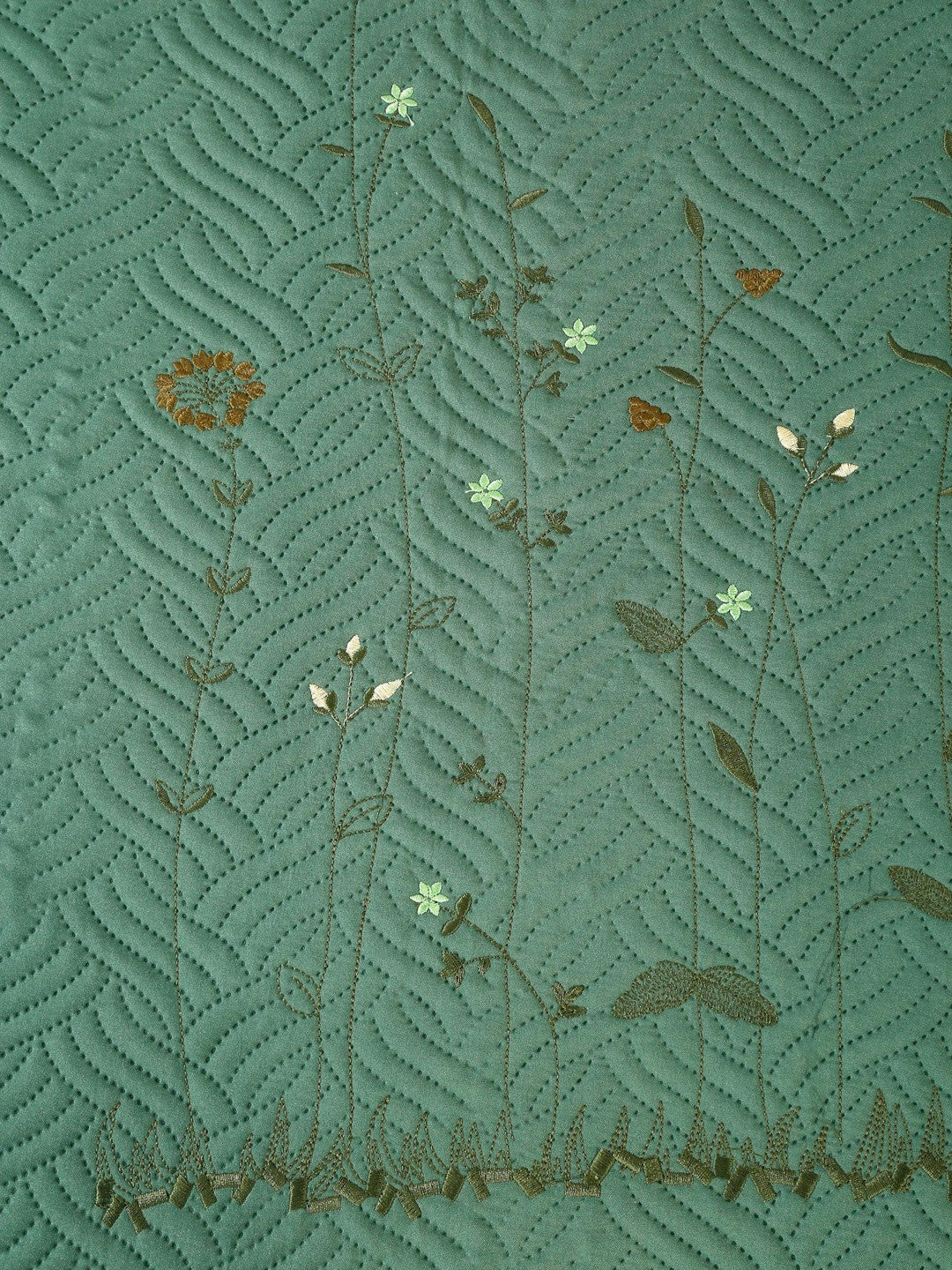 Green floral cotton double bed - queen bed covers, green & gold