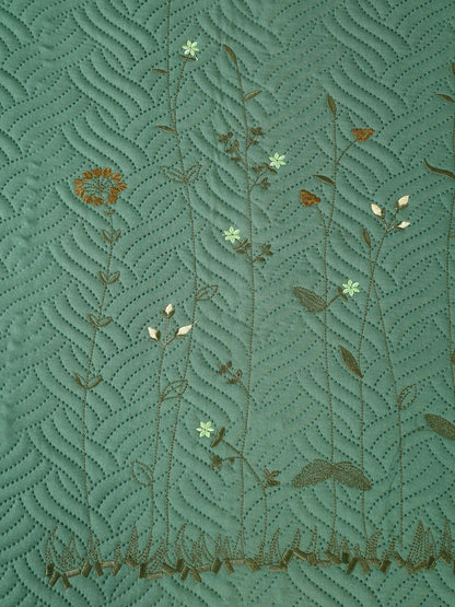 Green floral cotton double bed - queen bed covers, green & gold