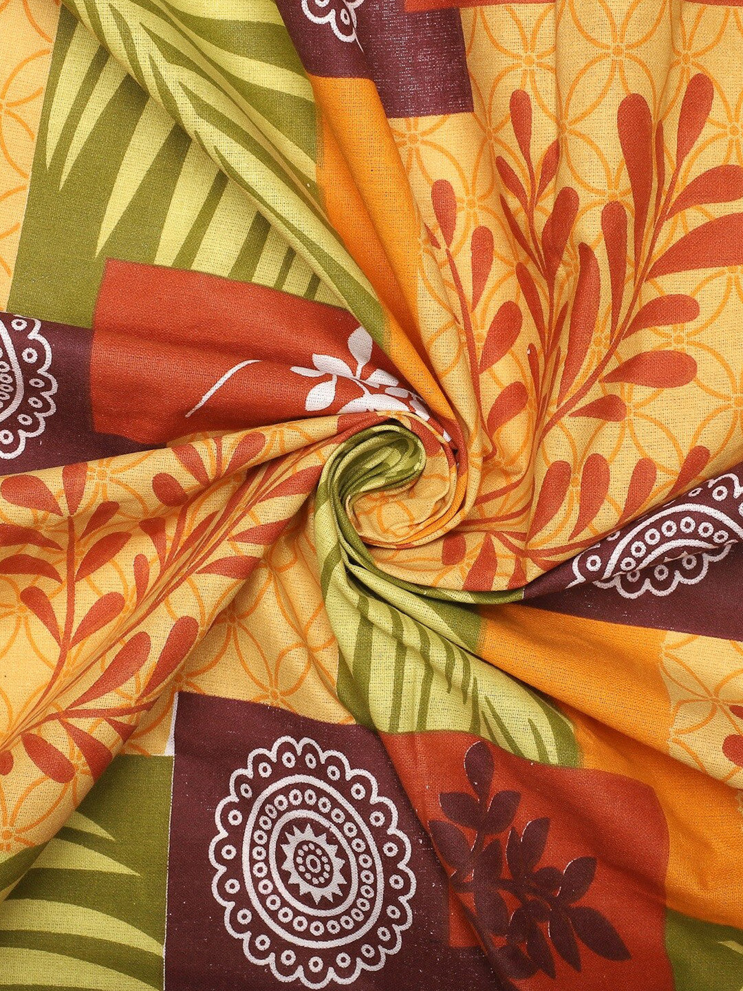 Yellow leaf cotton queen bedsheet, yellow & brown
