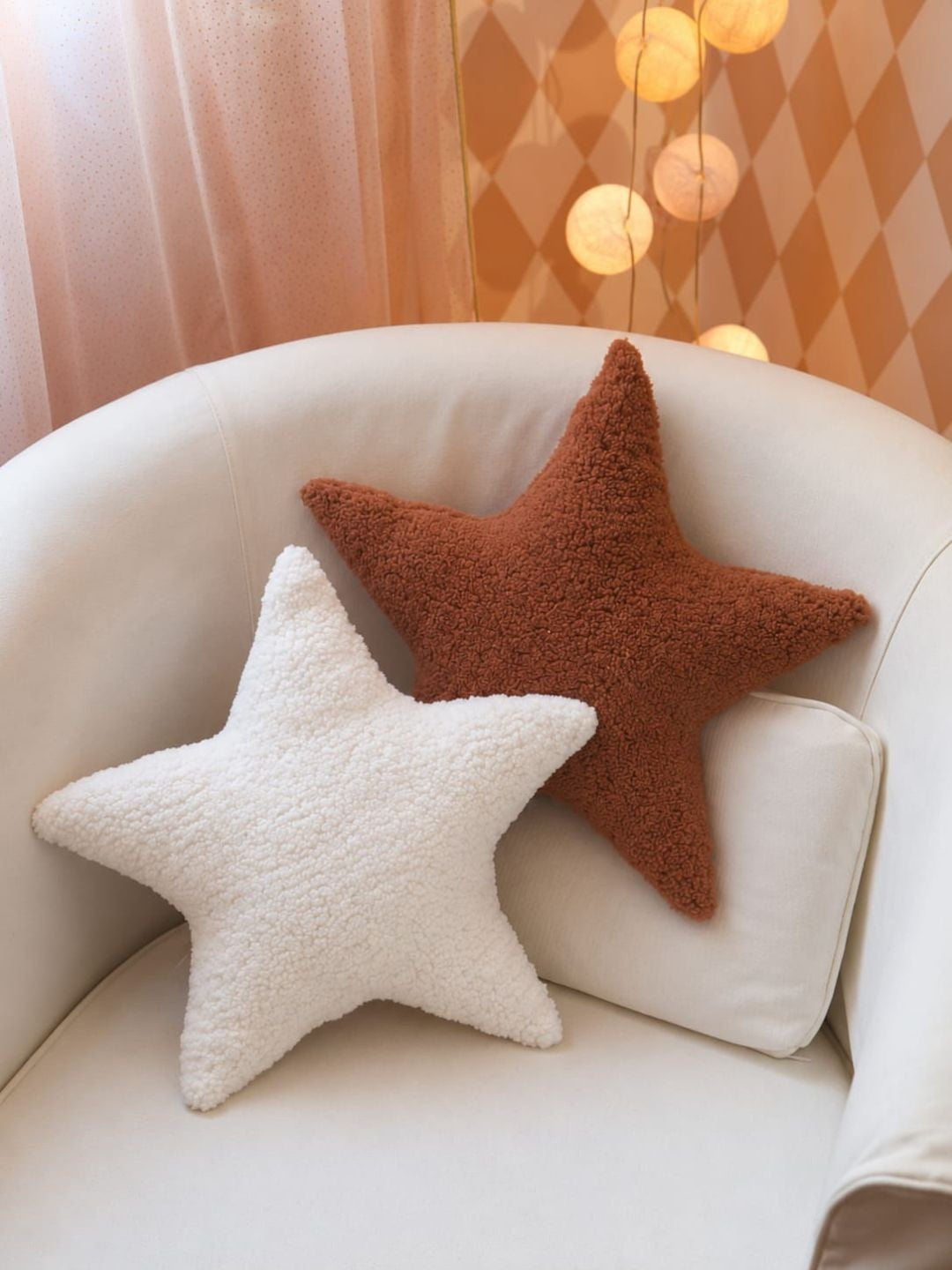Off white & rust cotton star shape teddy plush cushions, set of 2, off white & brown