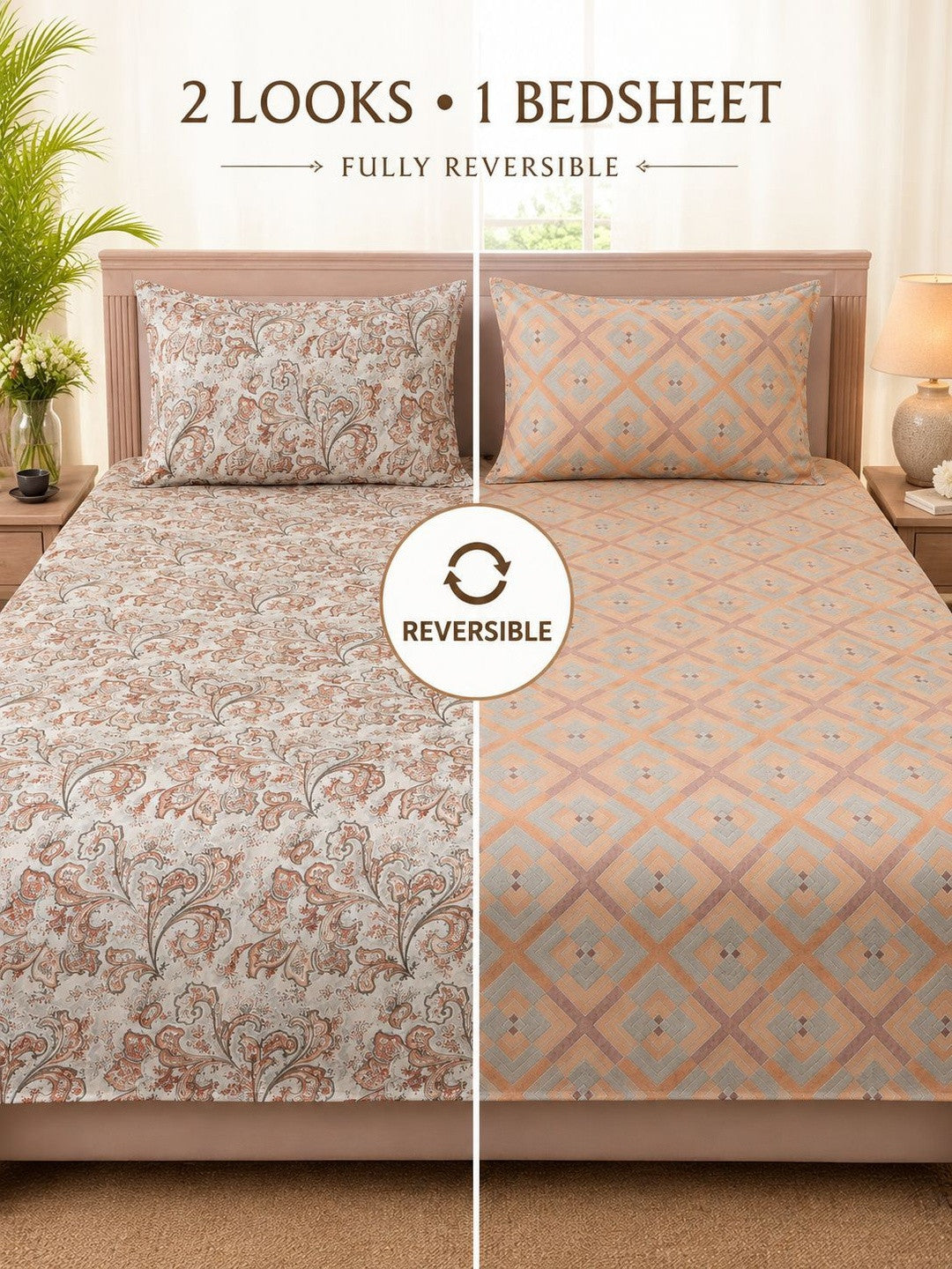 Peach-coloured & beige king bedsheet