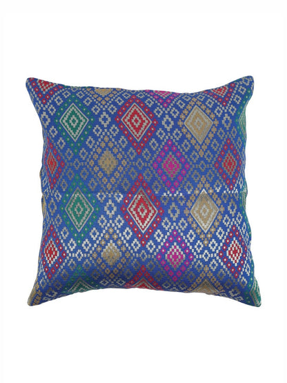 Blue & green geometric pattern silk square cushion covers, set of 4, blue & green & pink