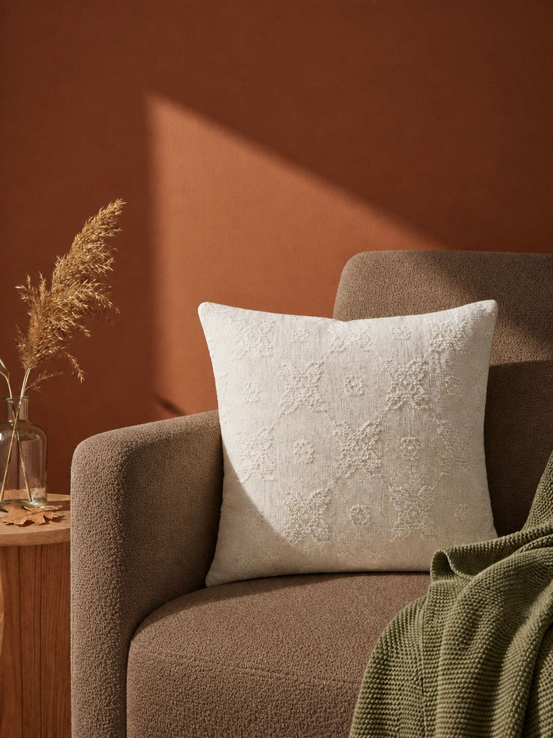 Textured square cushion with cover, cream