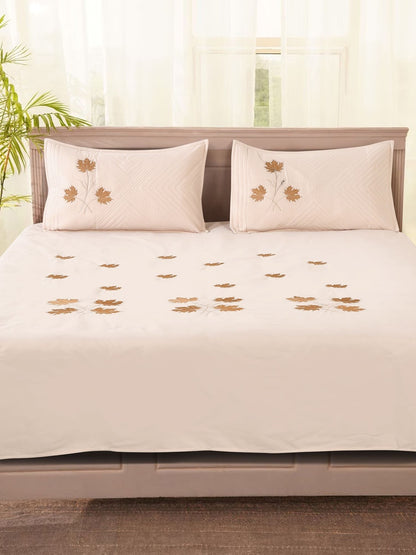 Embroidered leaf bedsheet set, cream, cream