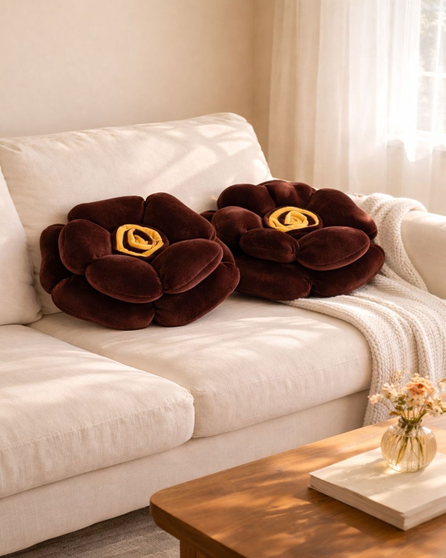 Two brown velvet rose cushions on a cream sofa